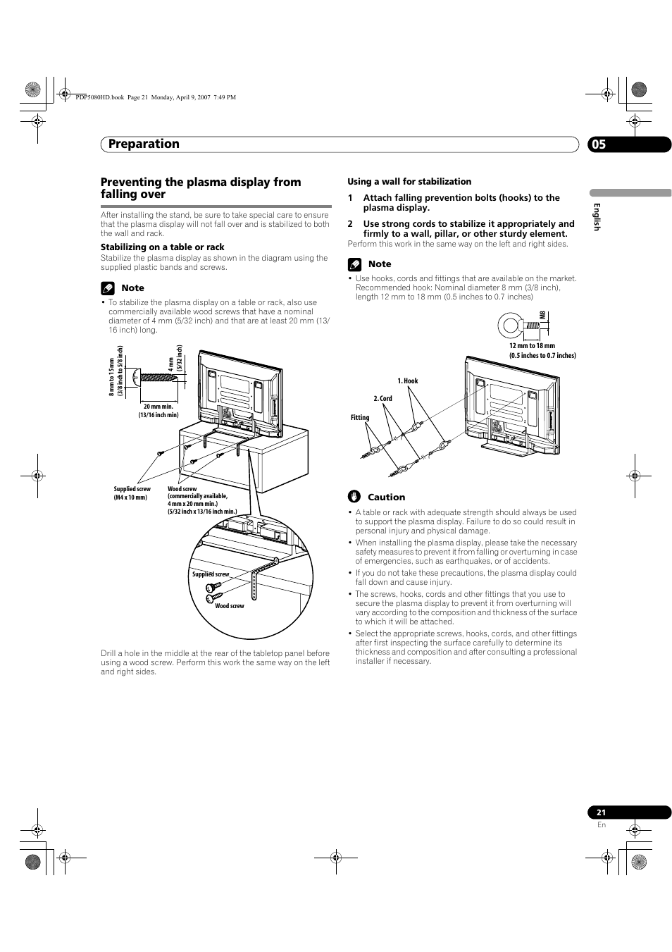 Preventing the plasma display from falling over, Preparation 05 | Pioneer PDP-5080HD User Manual | Page 21 / 285