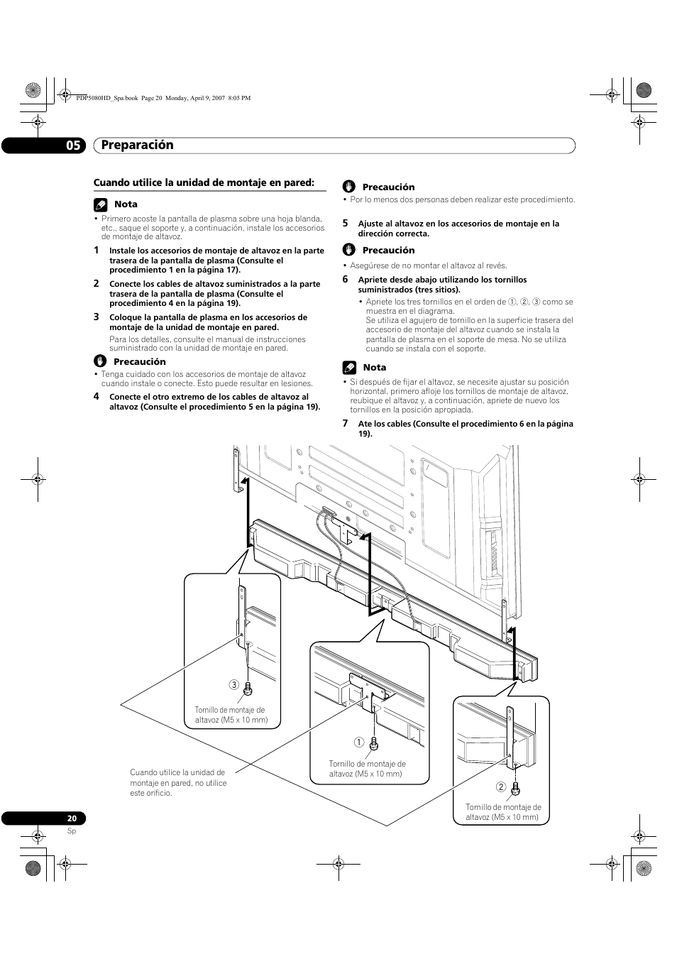 Cuando utilice la unidad de montaje en pared, Preparación 05 | Pioneer PDP-5080HD User Manual | Page 212 / 285