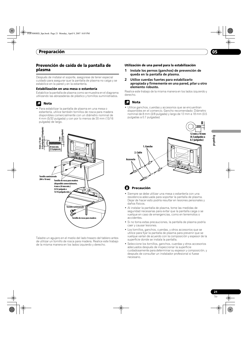 Prevención de caída de la pantalla de plasma, Preparación 05 | Pioneer PDP-5080HD User Manual | Page 213 / 285