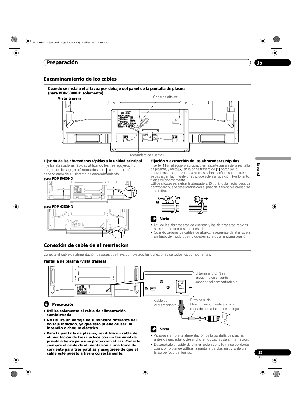 Preparación 05, Encaminamiento de los cables, Conexión de cable de alimentación | Pioneer PDP-5080HD User Manual | Page 217 / 285