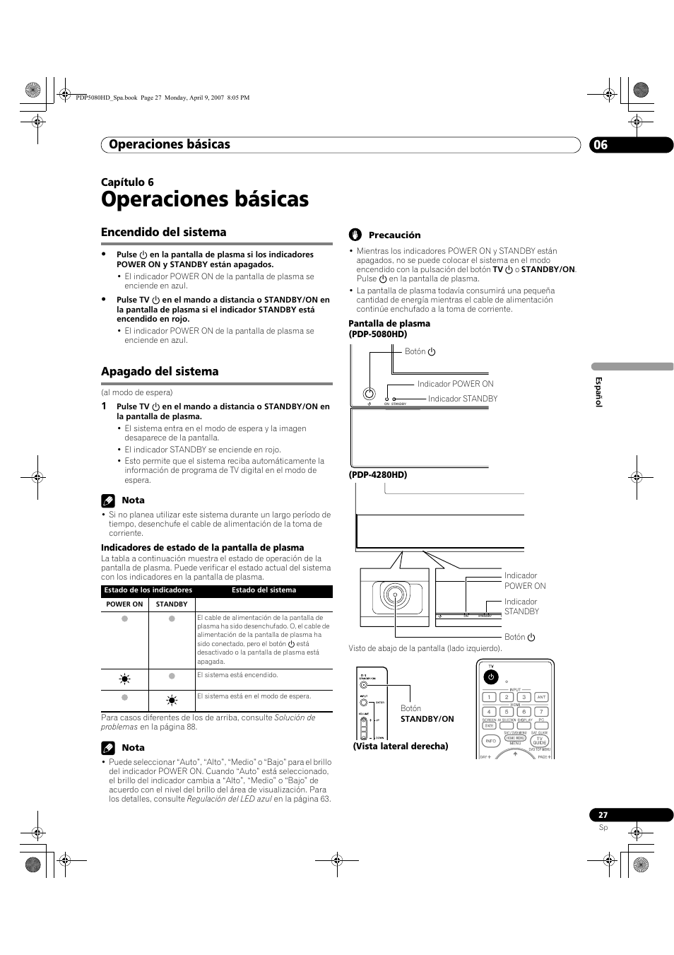 06 operaciones básicas, Encendido del sistema apagado del sistema, Operaciones básicas | Operaciones básicas 06, Encendido del sistema, Apagado del sistema, Capítulo 6 | Pioneer PDP-5080HD User Manual | Page 219 / 285