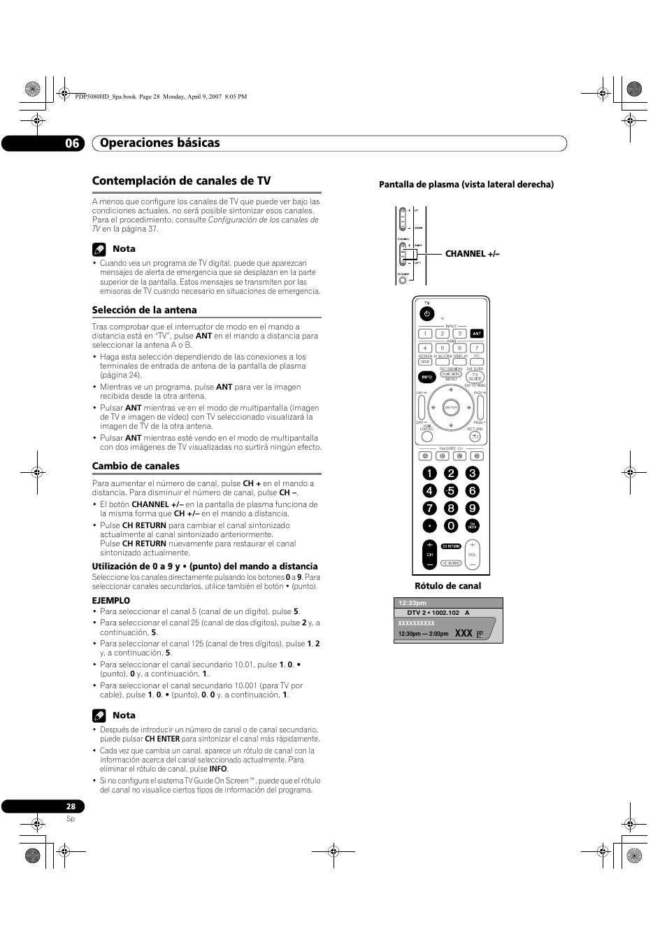 Contemplación de canales de tv, Selección de la antena cambio de canales, Operaciones básicas 06 | Pioneer PDP-5080HD User Manual | Page 220 / 285