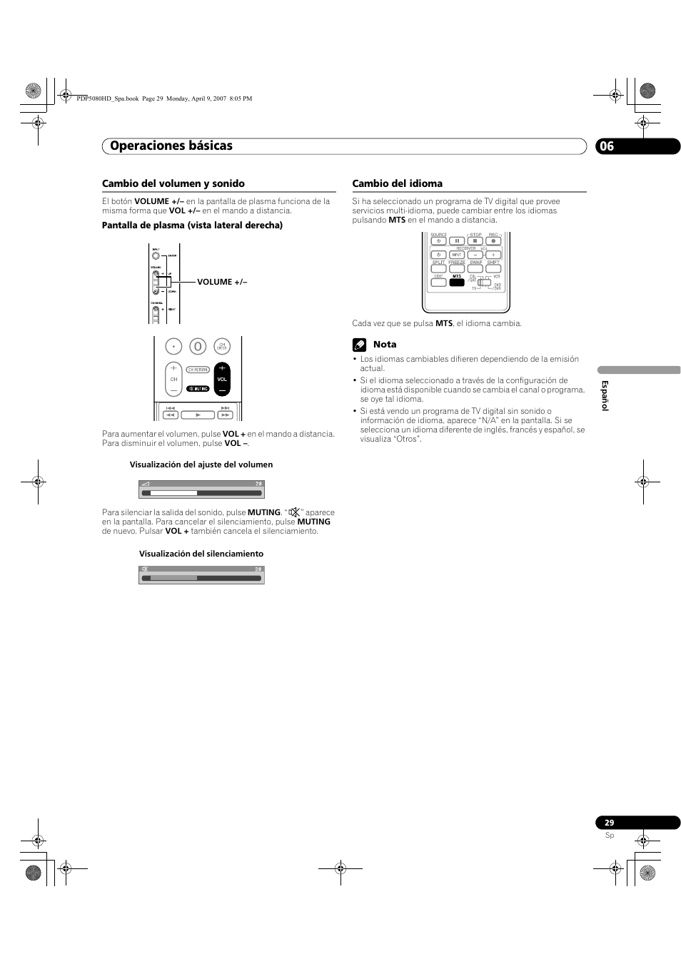 Cambio del volumen y sonido, Cambio del idioma, Operaciones básicas 06 | Pioneer PDP-5080HD User Manual | Page 221 / 285