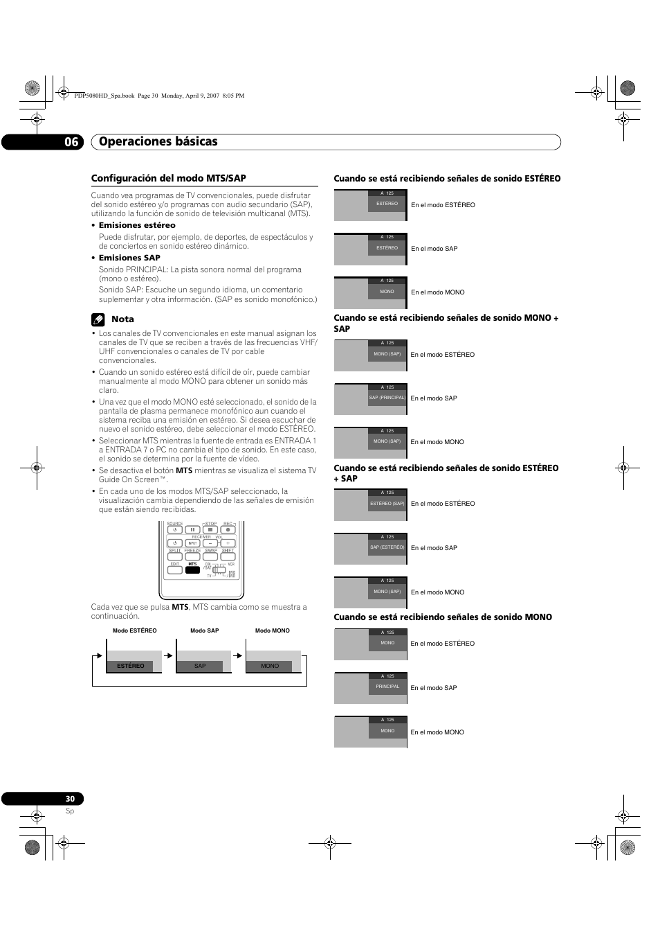 Configuración del modo mts/sap, Operaciones básicas 06, Nota | Pioneer PDP-5080HD User Manual | Page 222 / 285