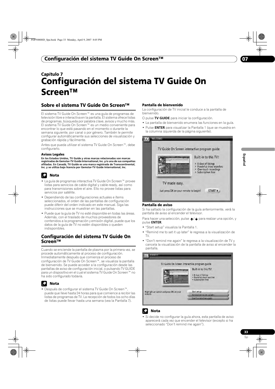 07 configuración del sistema tv guide on, Screen, Configuración del sistema tv guide on screen | Configuración del sistema tv guide on screen™ 07, Sobre el sistema tv guide on screen | Pioneer PDP-5080HD User Manual | Page 225 / 285