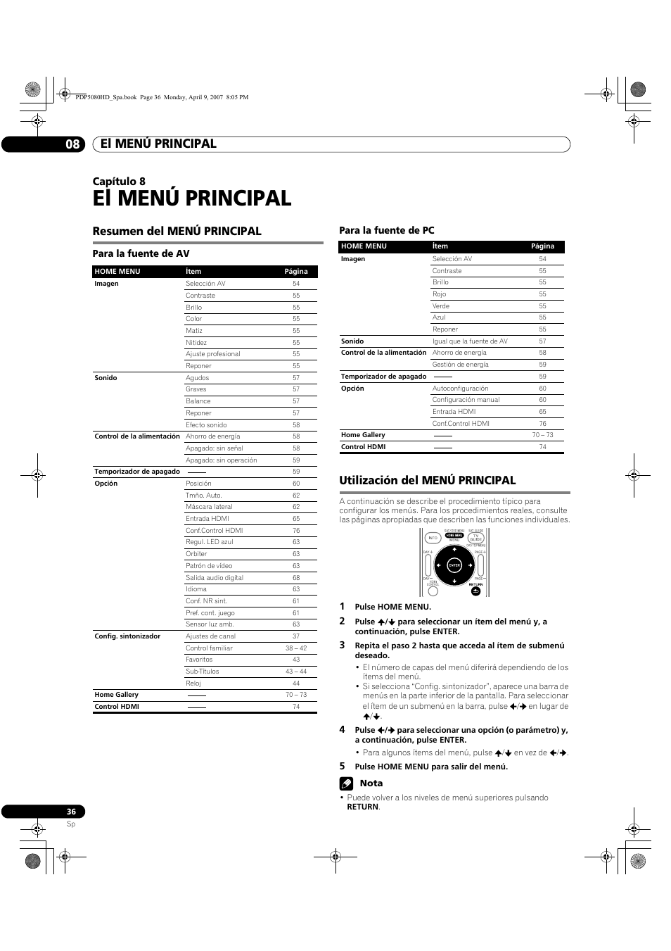 08 el menú principal, El menú principal, El menú principal 08 | Resumen del menú principal, Utilización del menú principal, Capítulo 8, Para la fuente de av para la fuente de pc | Pioneer PDP-5080HD User Manual | Page 228 / 285