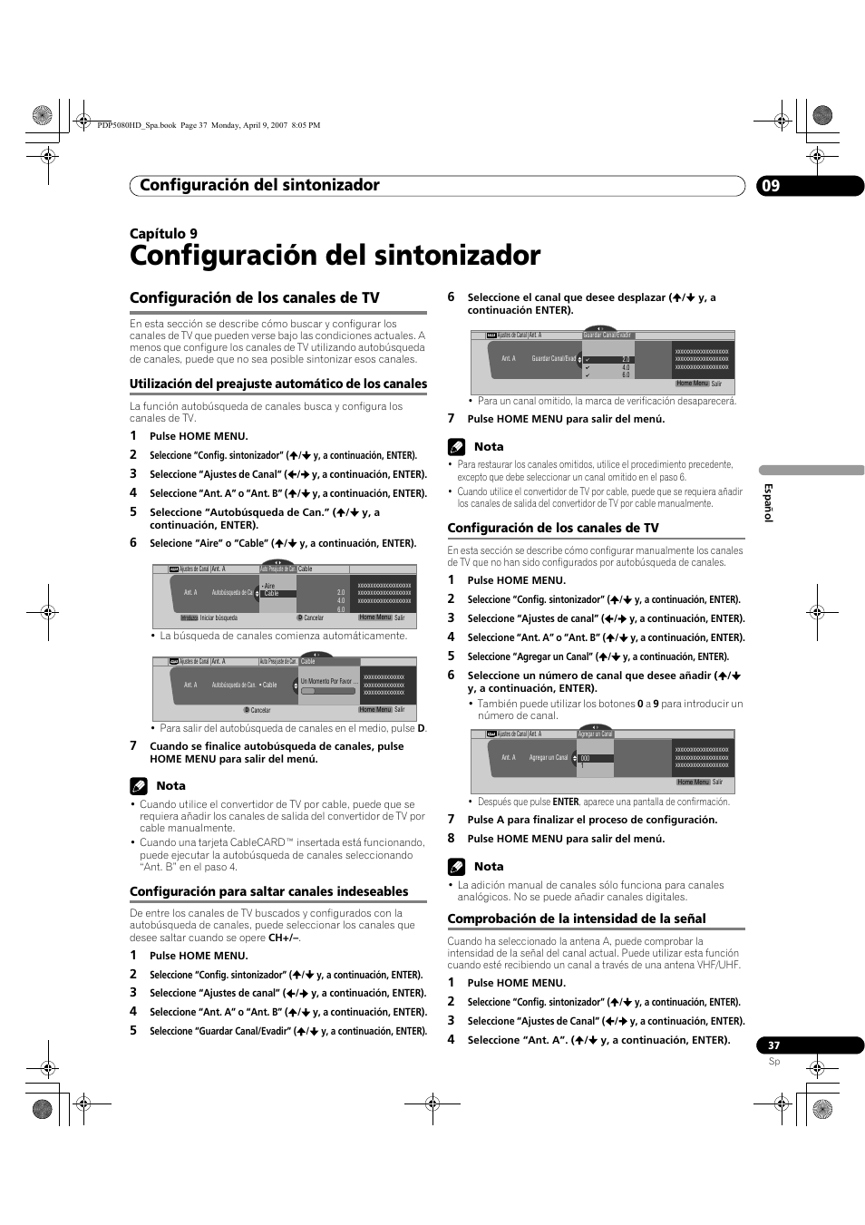 09 configuración del sintonizador, Configuración de los canales de tv, Configuración del sintonizador | Configuración del sintonizador 09, Capítulo 9 | Pioneer PDP-5080HD User Manual | Page 229 / 285