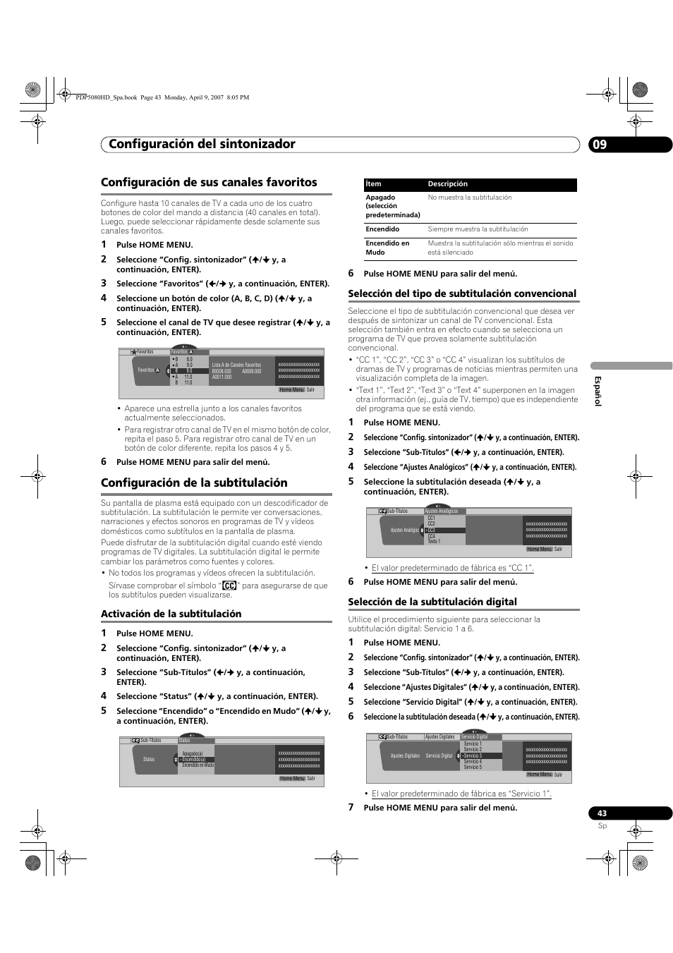 Configuración del sintonizador 09, Configuración de sus canales favoritos, Configuración de la subtitulación | Activación de la subtitulación 1, Selección del tipo de subtitulación convencional, Selección de la subtitulación digital | Pioneer PDP-5080HD User Manual | Page 235 / 285