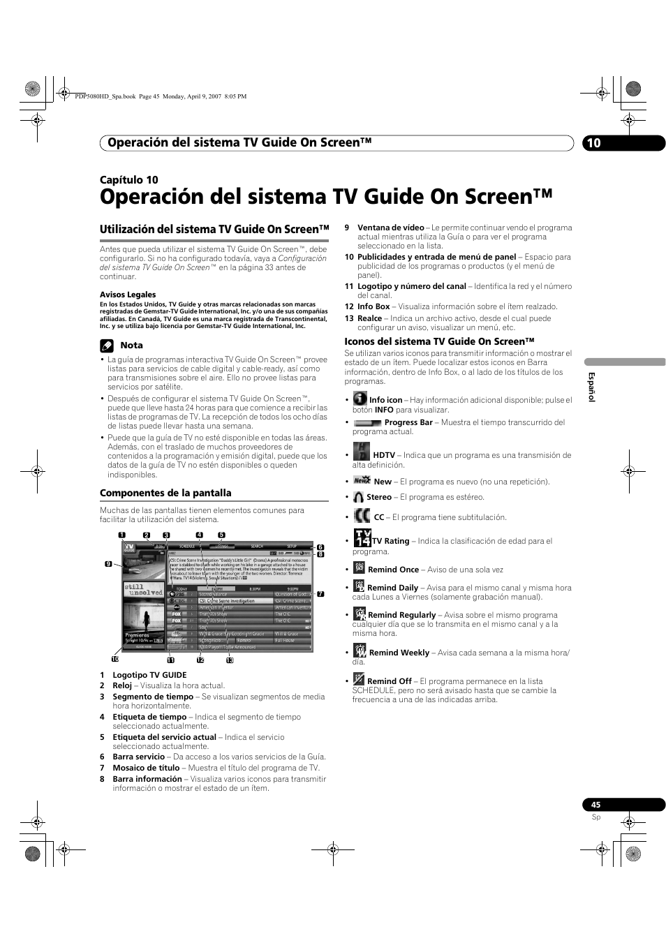 10 operación del sistema tv guide on, Screen, Utilización del sistema tv guide on screen | Componentes de la pantalla, Operación del sistema tv guide on screen, Operación del sistema tv guide on screen™ 10, Capítulo 10 | Pioneer PDP-5080HD User Manual | Page 237 / 285