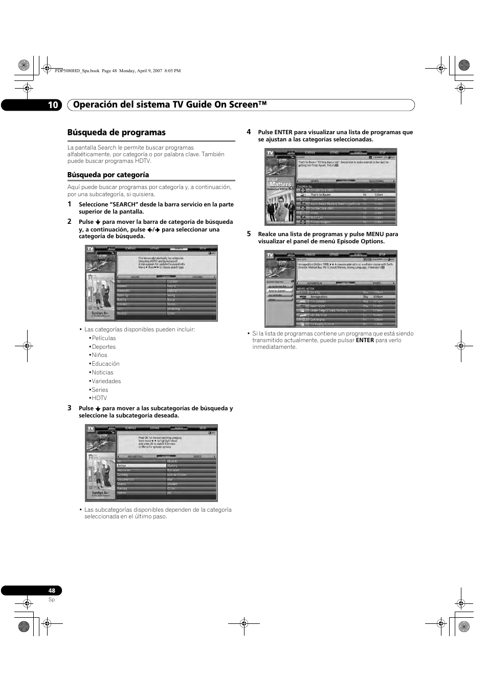 Búsqueda de programas, Búsqueda por categoría, Operación del sistema tv guide on screen™ 10 | Pioneer PDP-5080HD User Manual | Page 240 / 285