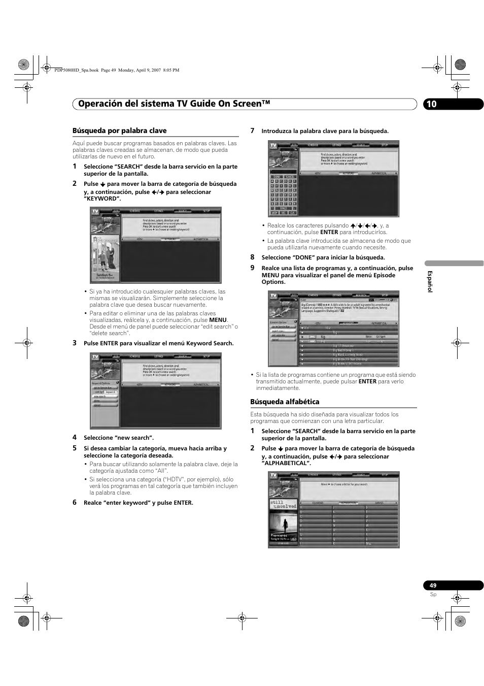 Búsqueda por palabra clave búsqueda alfabética, Operación del sistema tv guide on screen™ 10 | Pioneer PDP-5080HD User Manual | Page 241 / 285