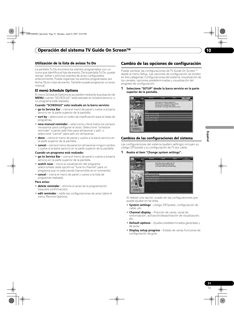 Utilización de la lista de avisos to do, Cambio de las opciones de configuración, Cambios de las configuraciones del sistema | Operación del sistema tv guide on screen™ 10 | Pioneer PDP-5080HD User Manual | Page 243 / 285