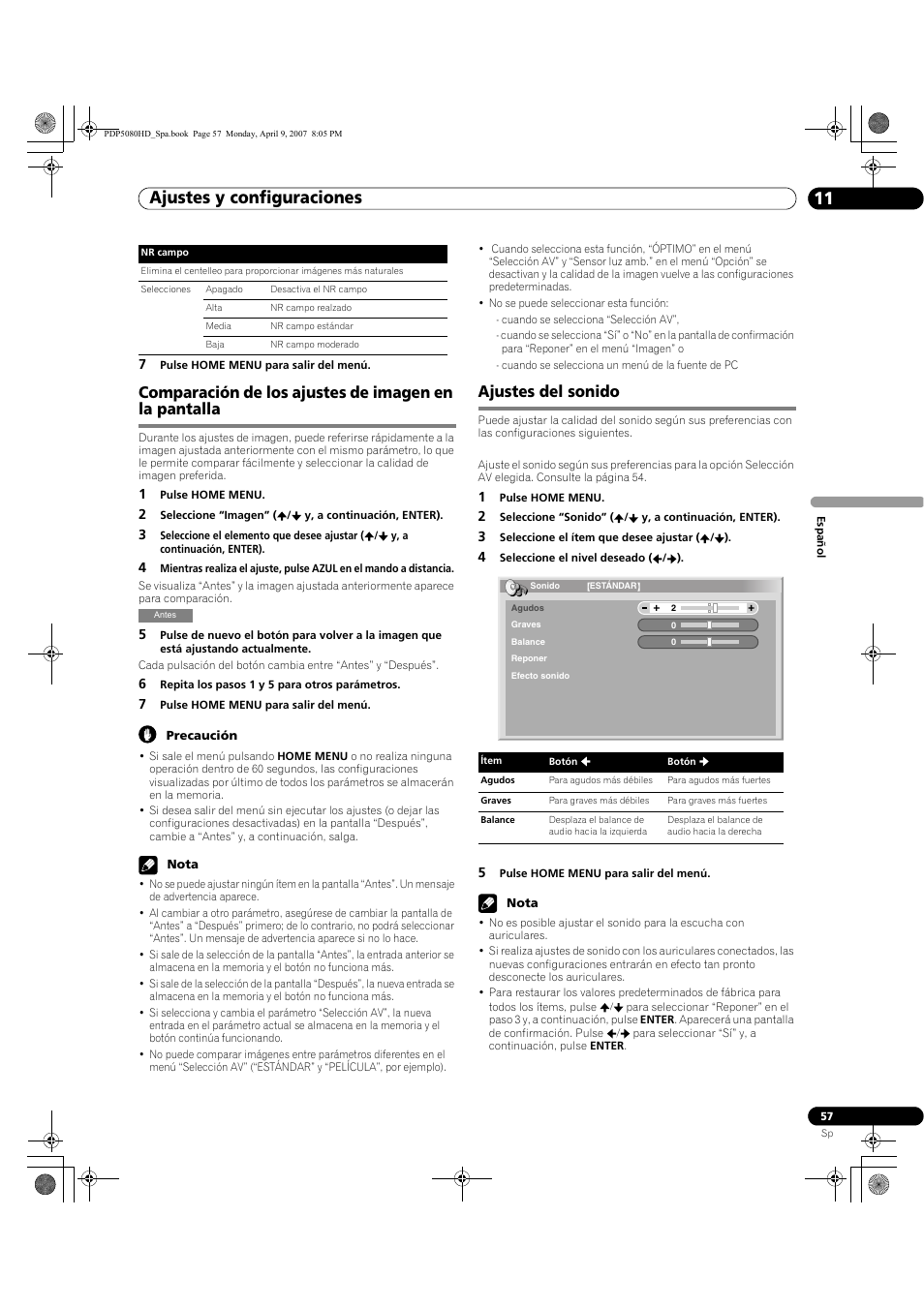 Ajustes y configuraciones 11, Ajustes del sonido | Pioneer PDP-5080HD User Manual | Page 249 / 285