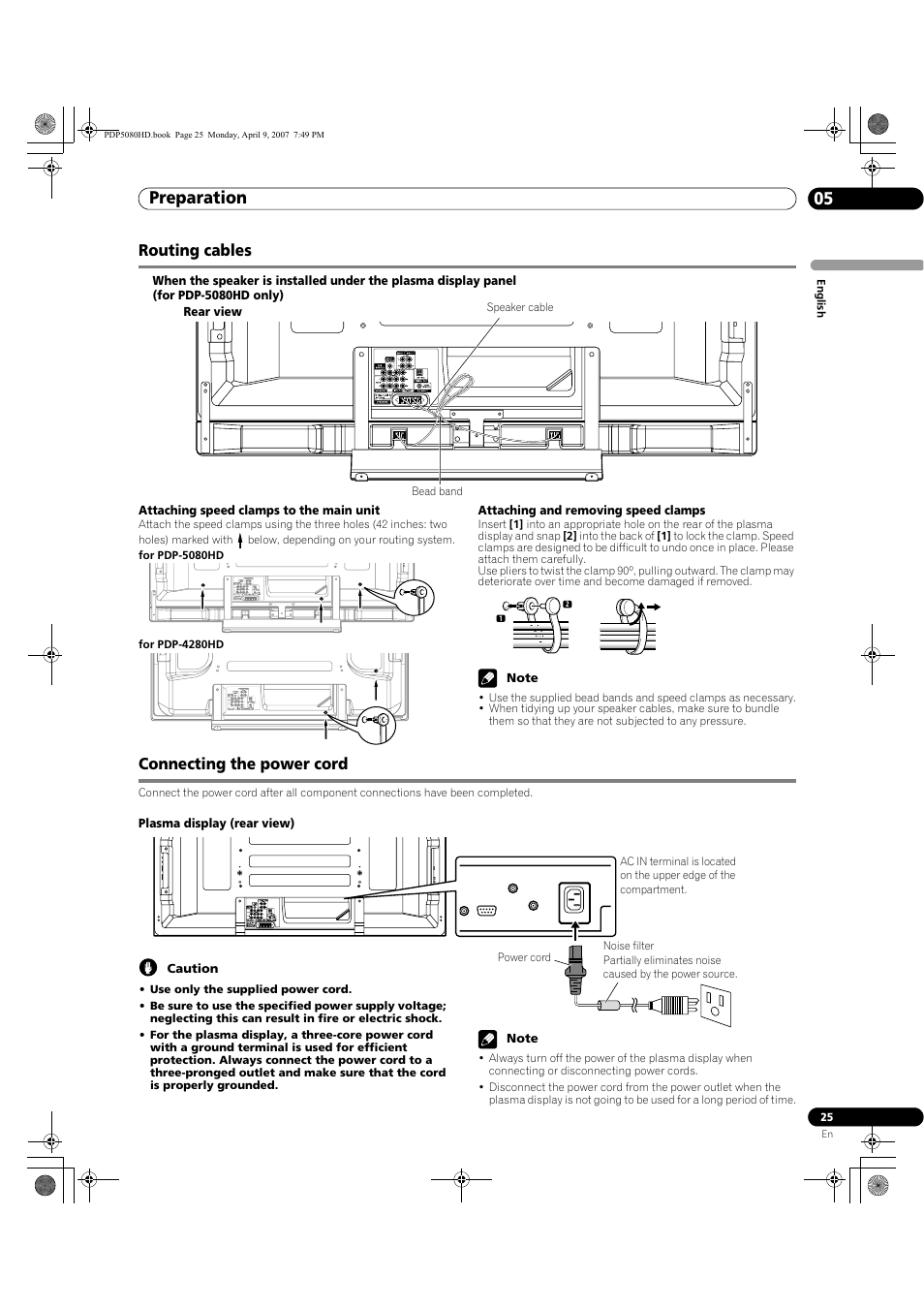 Routing cables connecting the power cord, Preparation 05, Routing cables | Connecting the power cord | Pioneer PDP-5080HD User Manual | Page 25 / 285