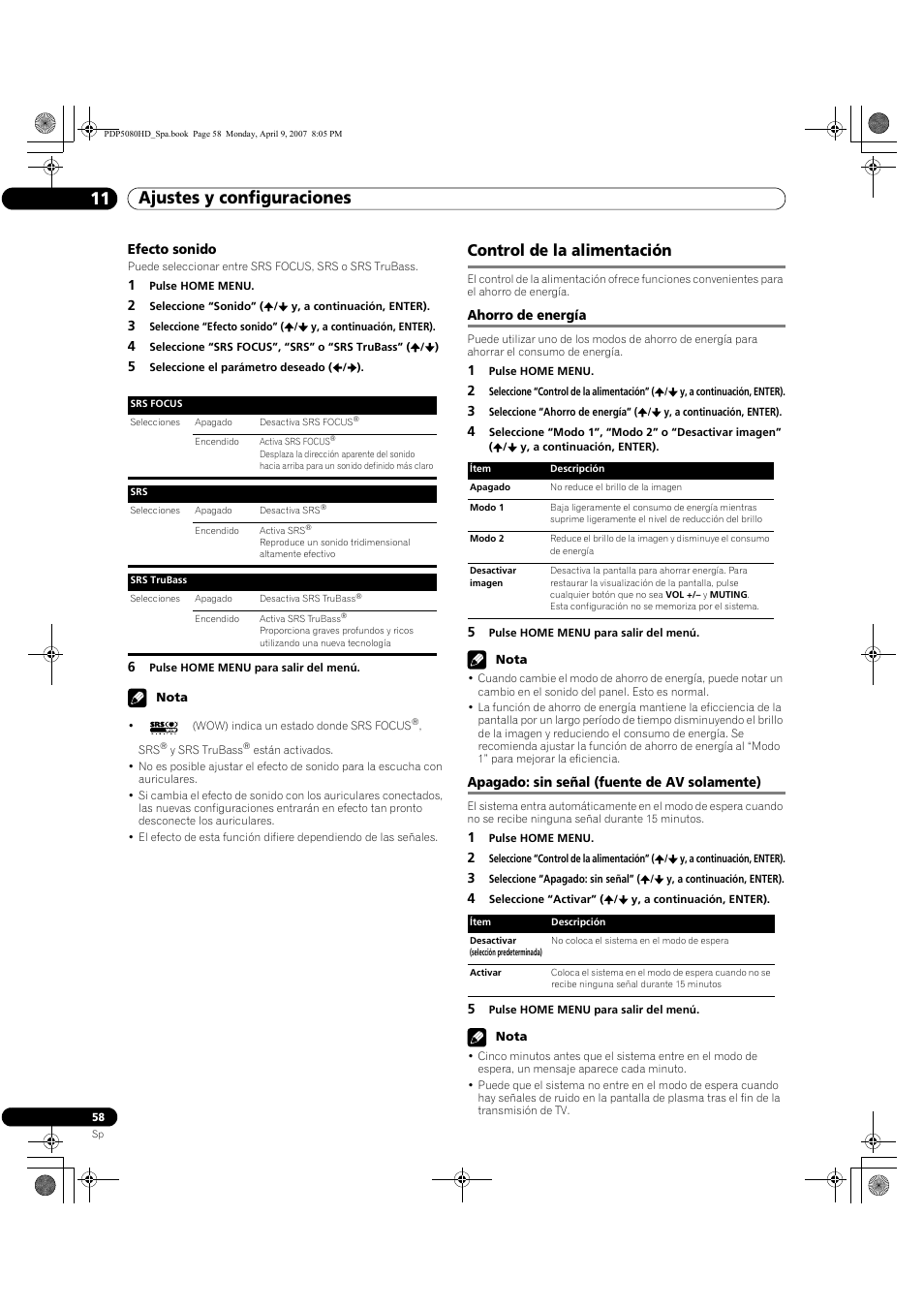 Control de la alimentación, Ajustes y configuraciones 11 | Pioneer PDP-5080HD User Manual | Page 250 / 285