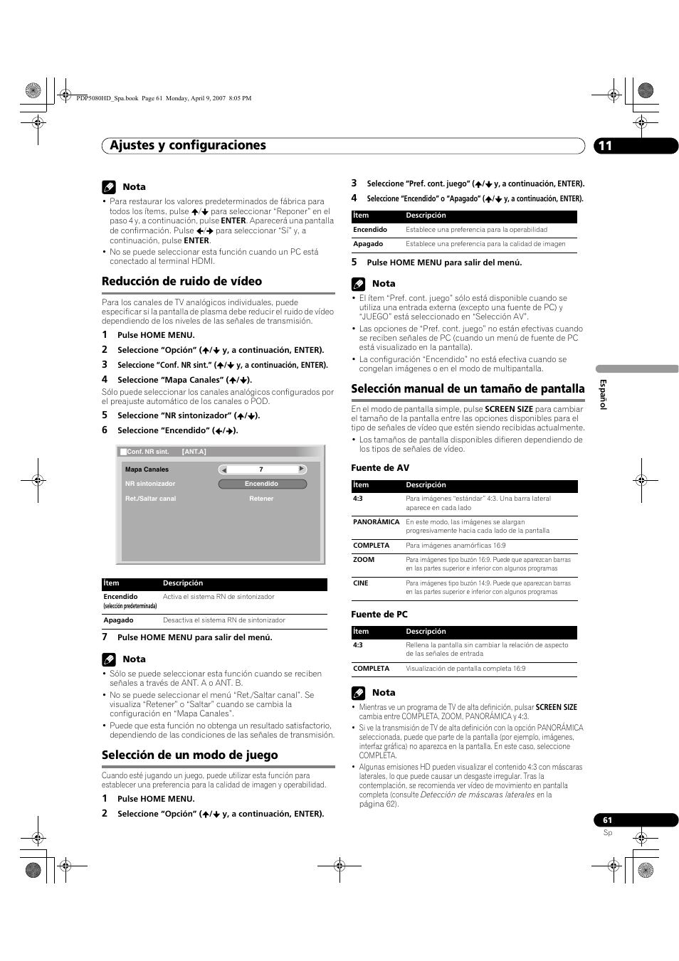 Ajustes y configuraciones 11, Reducción de ruido de vídeo, Selección de un modo de juego | Selección manual de un tamaño de pantalla | Pioneer PDP-5080HD User Manual | Page 253 / 285