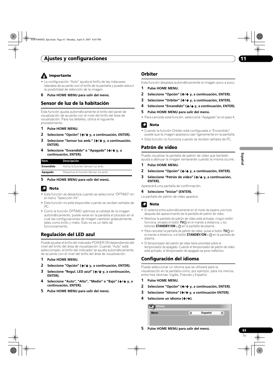 Ajustes y configuraciones 11, Sensor de luz de la habitación, Regulación del led azul | Orbiter, Patrón de vídeo, Configuración del idioma | Pioneer PDP-5080HD User Manual | Page 255 / 285