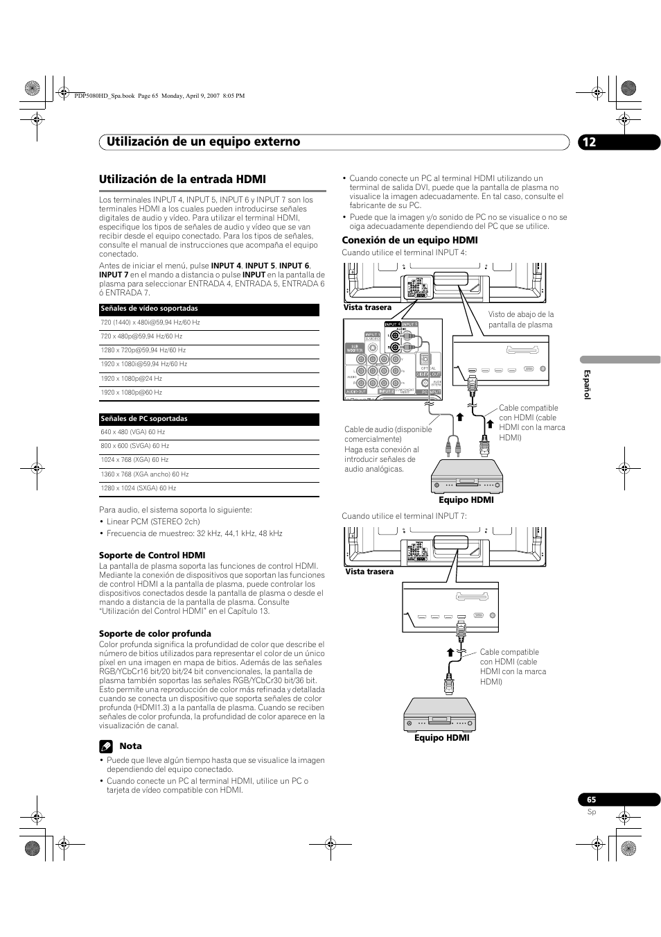 Utilización de la entrada hdmi, Utilización de un equipo externo 12 | Pioneer PDP-5080HD User Manual | Page 257 / 285