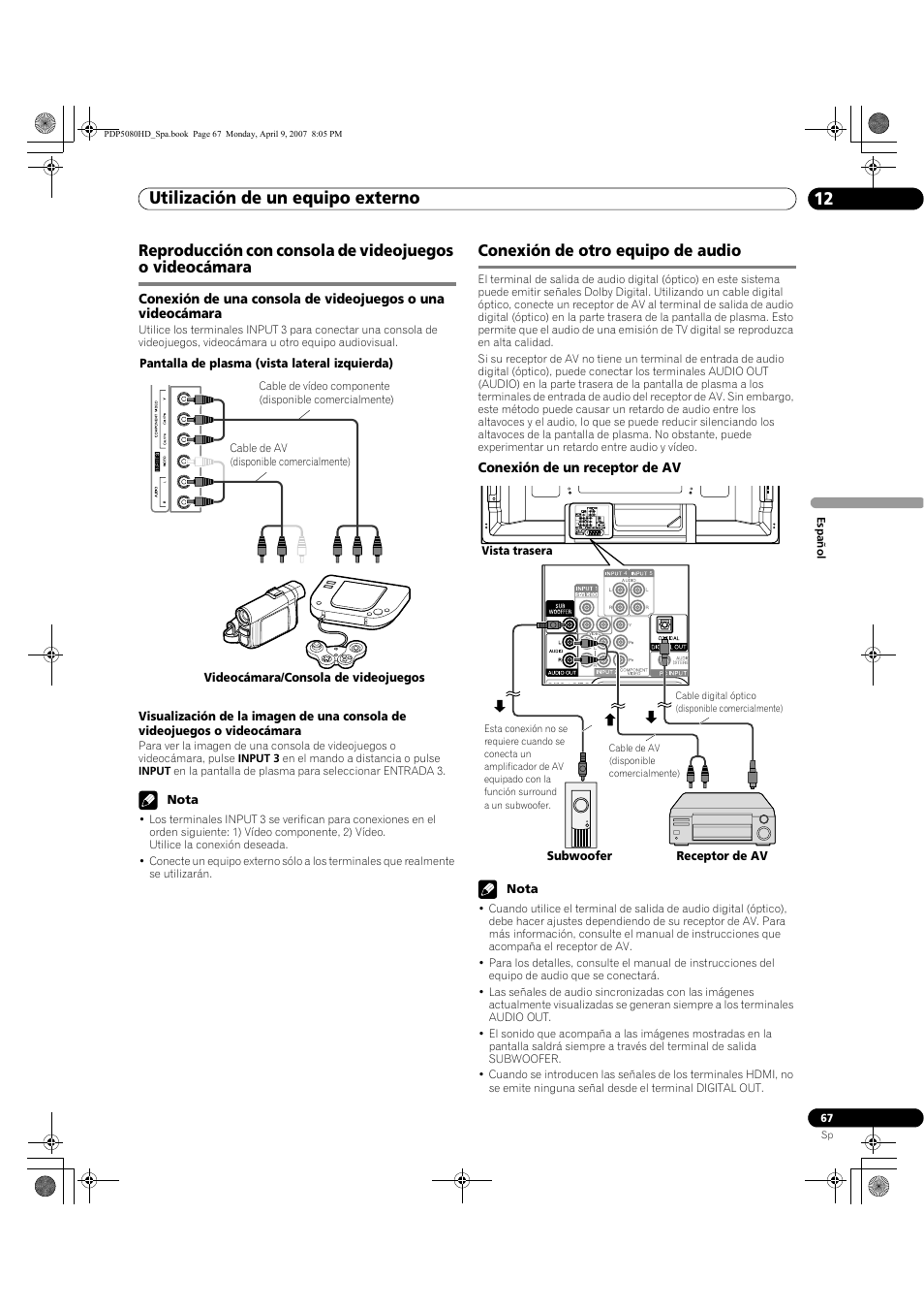 Utilización de un equipo externo 12, Conexión de otro equipo de audio | Pioneer PDP-5080HD User Manual | Page 259 / 285