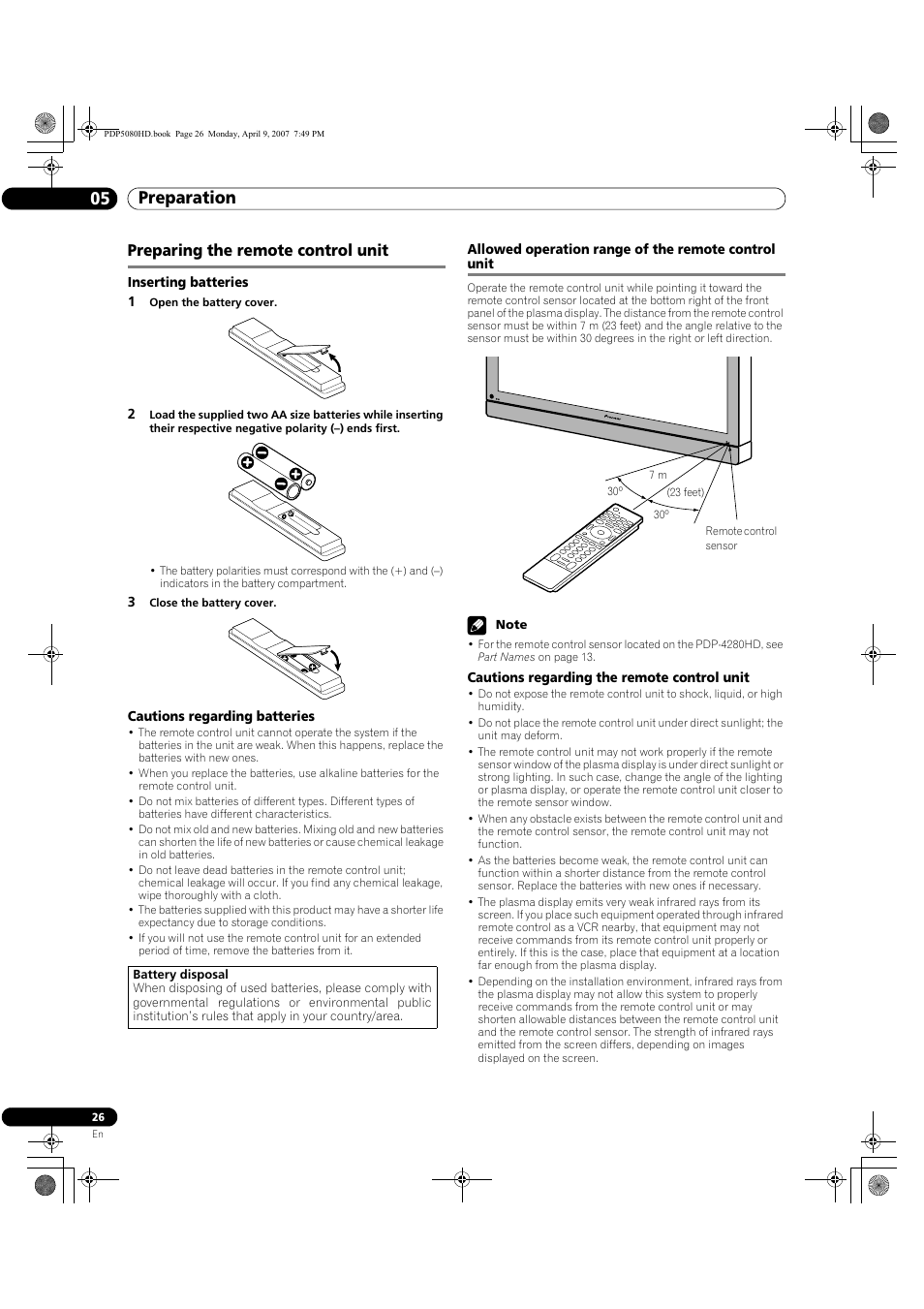 Preparing the remote control unit, Allowed operation range of the remote control unit, Preparation 05 | Pioneer PDP-5080HD User Manual | Page 26 / 285