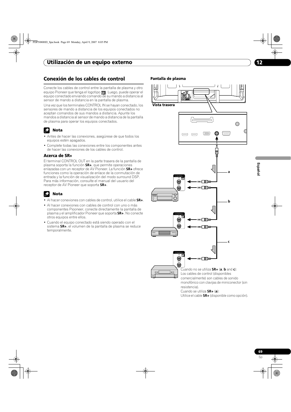 Conexión de los cables de control, Utilización de un equipo externo 12 | Pioneer PDP-5080HD User Manual | Page 261 / 285
