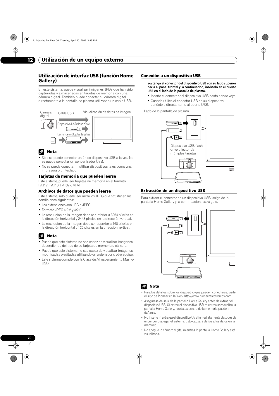 Utilización de interfaz usb (función home gallery), Utilización de un equipo externo 12 | Pioneer PDP-5080HD User Manual | Page 262 / 285