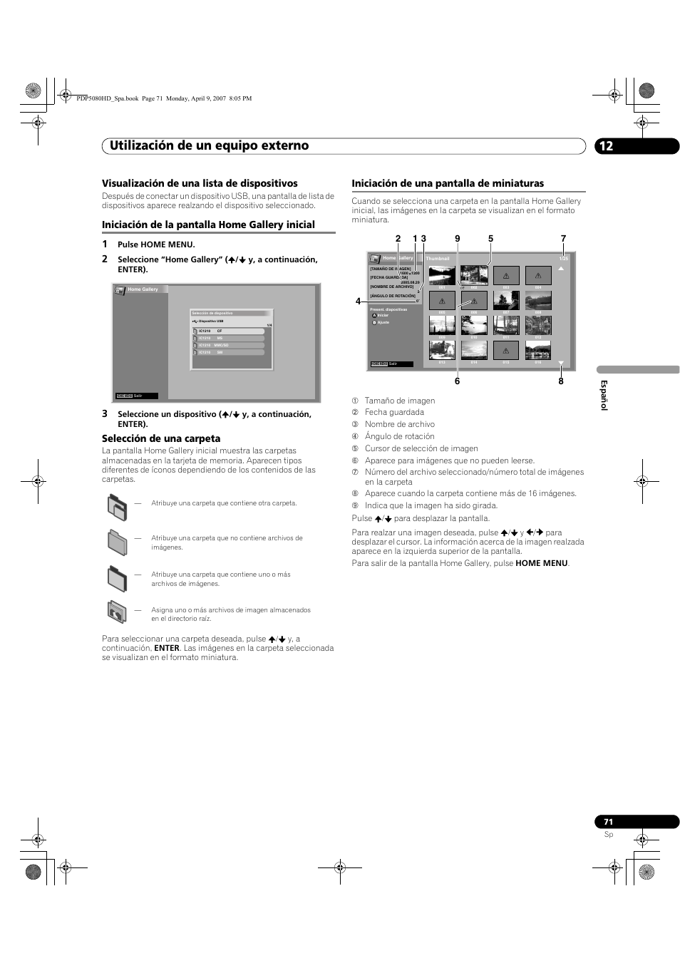 Utilización de un equipo externo 12, Visualización de una lista de dispositivos, Iniciación de la pantalla home gallery inicial 1 | Selección de una carpeta, Iniciación de una pantalla de miniaturas | Pioneer PDP-5080HD User Manual | Page 263 / 285