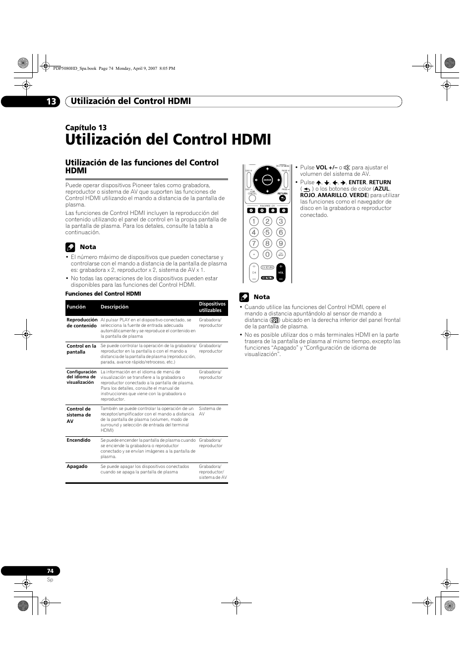 13 utilización del control hdmi, Utilización de las funciones del control hdmi, Utilización del control hdmi | Utilización del control hdmi 13, Capítulo 13 | Pioneer PDP-5080HD User Manual | Page 266 / 285