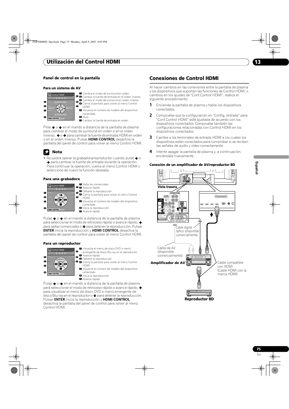 Conexiones de control hdmi, Utilización del control hdmi 13, Panel de control en la pantalla | Nota, Reproductor bd | Pioneer PDP-5080HD User Manual | Page 267 / 285