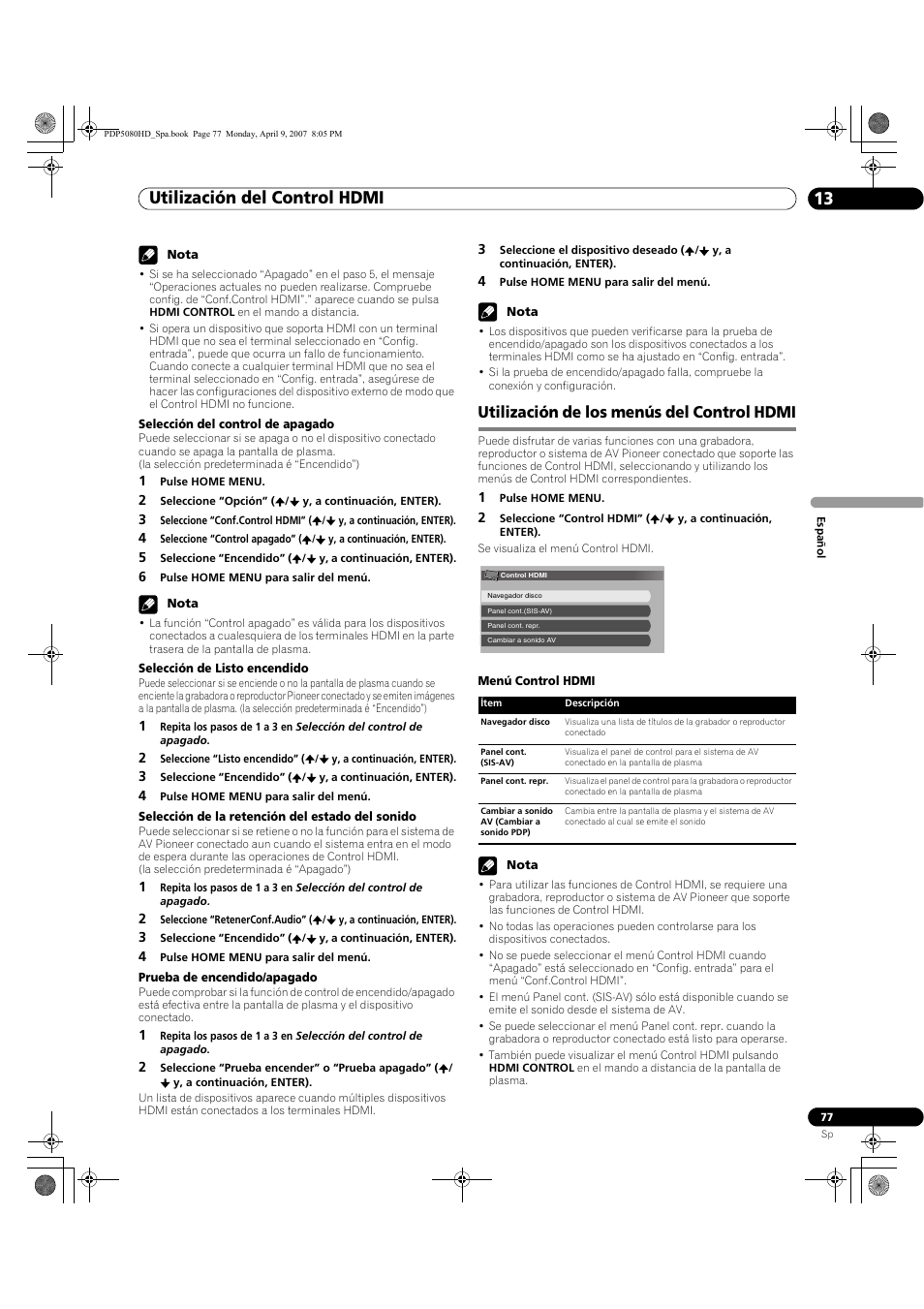 Utilización de los menús del control hdmi, Utilización del control hdmi 13 | Pioneer PDP-5080HD User Manual | Page 269 / 285