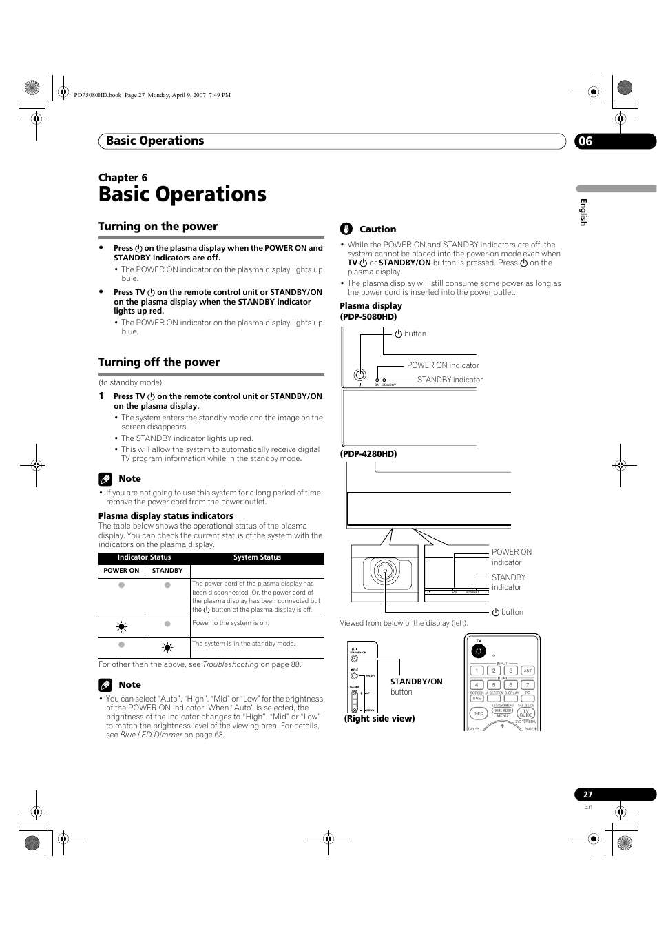 06 basic operations, Turning on the power turning off the power, Basic operations | Basic operations 06, Turning on the power, Turning off the power, Chapter 6 | Pioneer PDP-5080HD User Manual | Page 27 / 285