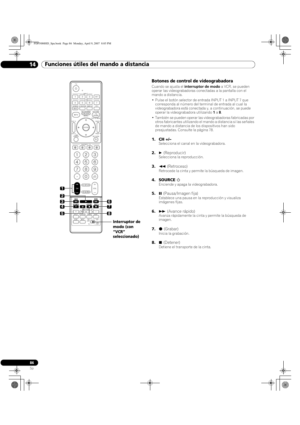 Funciones útiles del mando a distancia 14 | Pioneer PDP-5080HD User Manual | Page 278 / 285