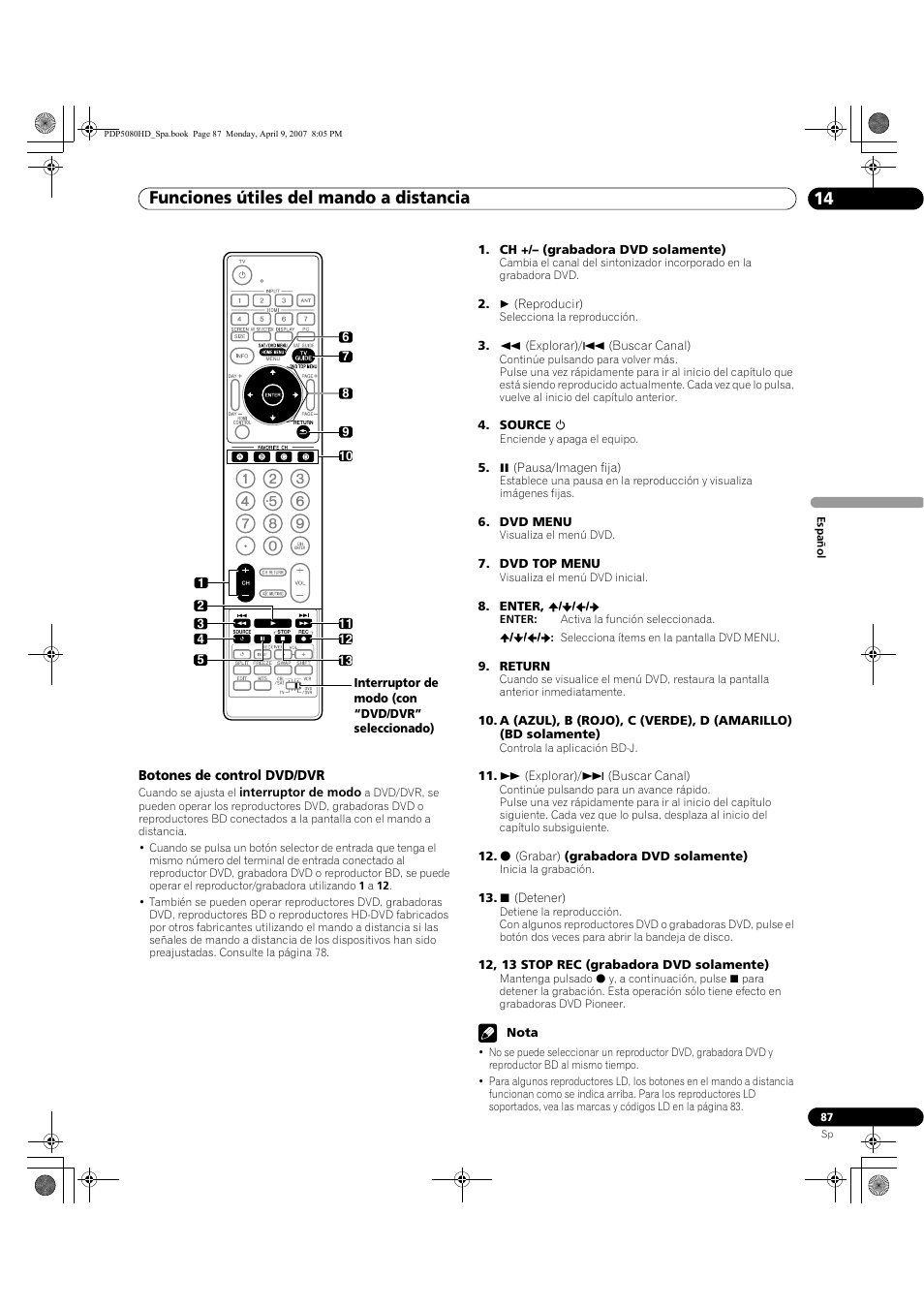 Funciones útiles del mando a distancia 14 | Pioneer PDP-5080HD User Manual | Page 279 / 285