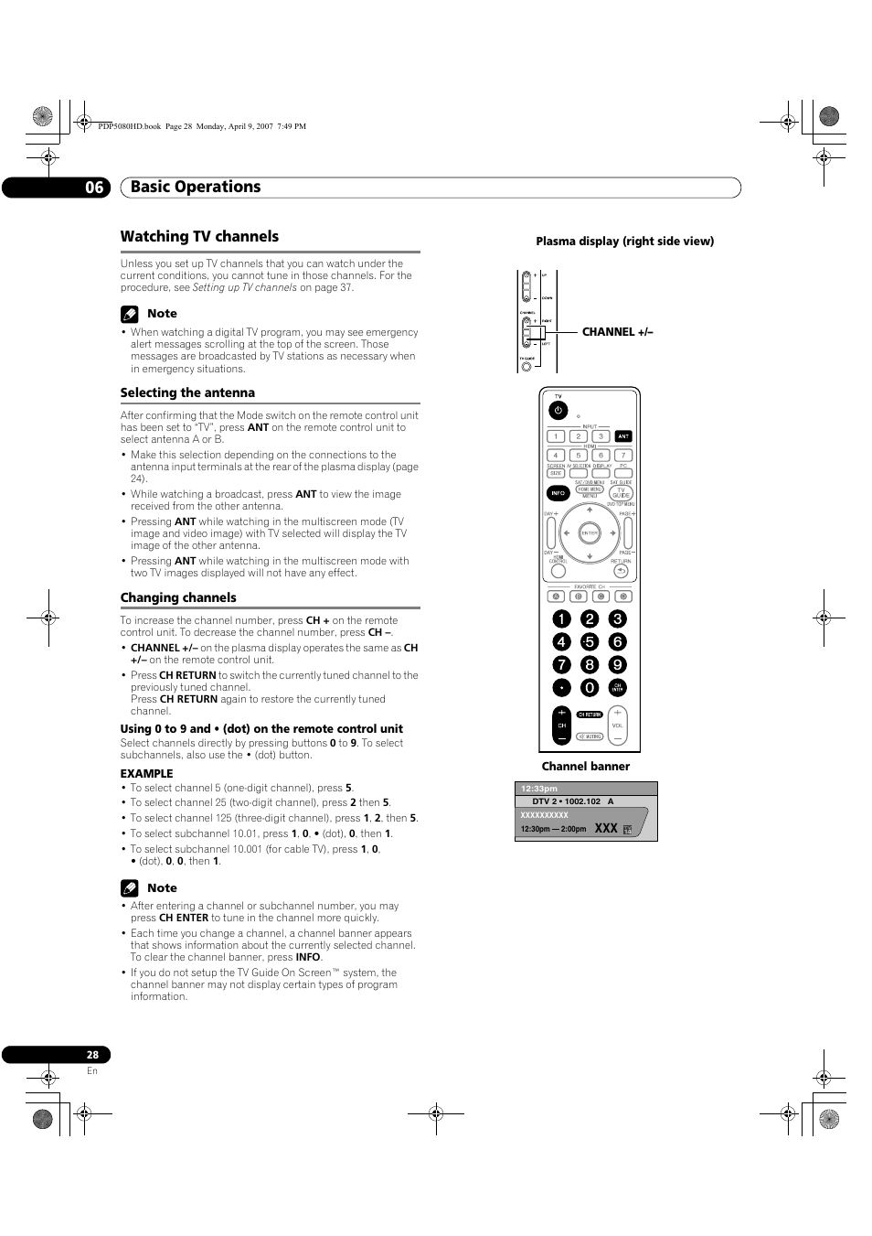 Watching tv channels, Selecting the antenna changing channels, Basic operations 06 | Pioneer PDP-5080HD User Manual | Page 28 / 285