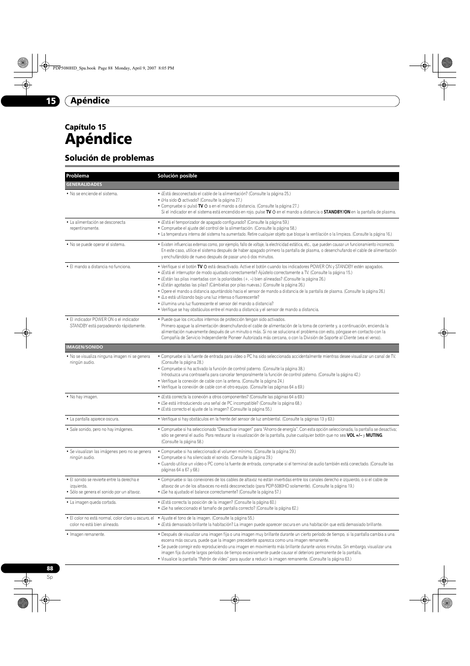 15 apéndice, Solución de problemas, Apéndice | Apéndice 15, Capítulo 15 | Pioneer PDP-5080HD User Manual | Page 280 / 285