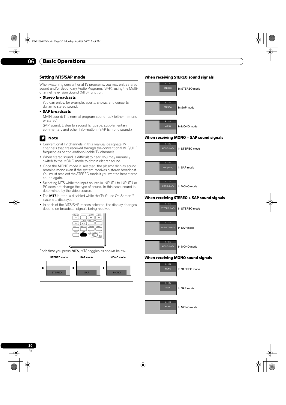 Setting mts/sap mode, Basic operations 06 | Pioneer PDP-5080HD User Manual | Page 30 / 285