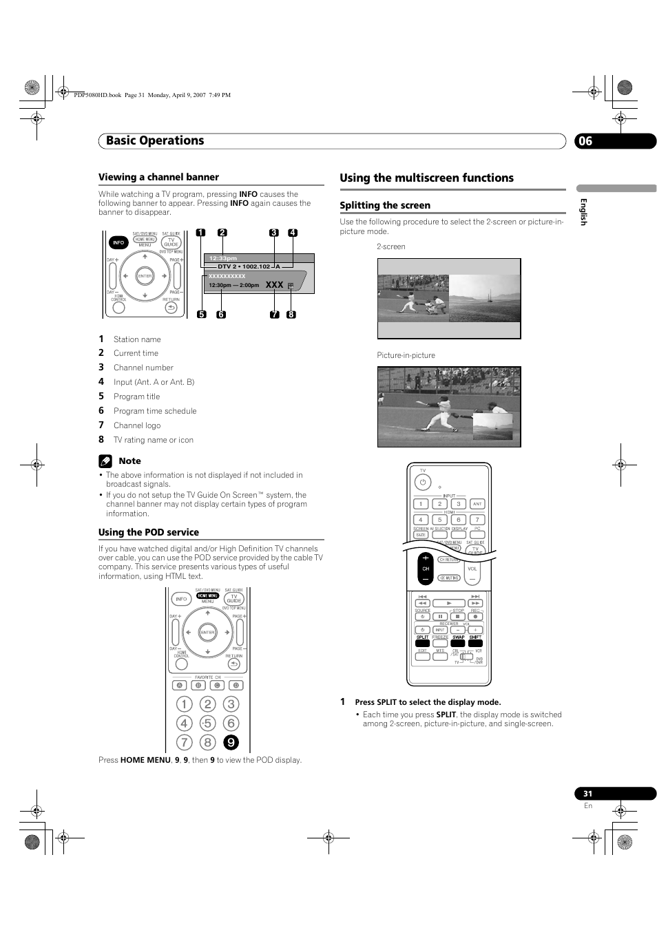 Viewing a channel banner, Using the pod service, Using the multiscreen functions | Splitting the screen, Basic operations 06 | Pioneer PDP-5080HD User Manual | Page 31 / 285
