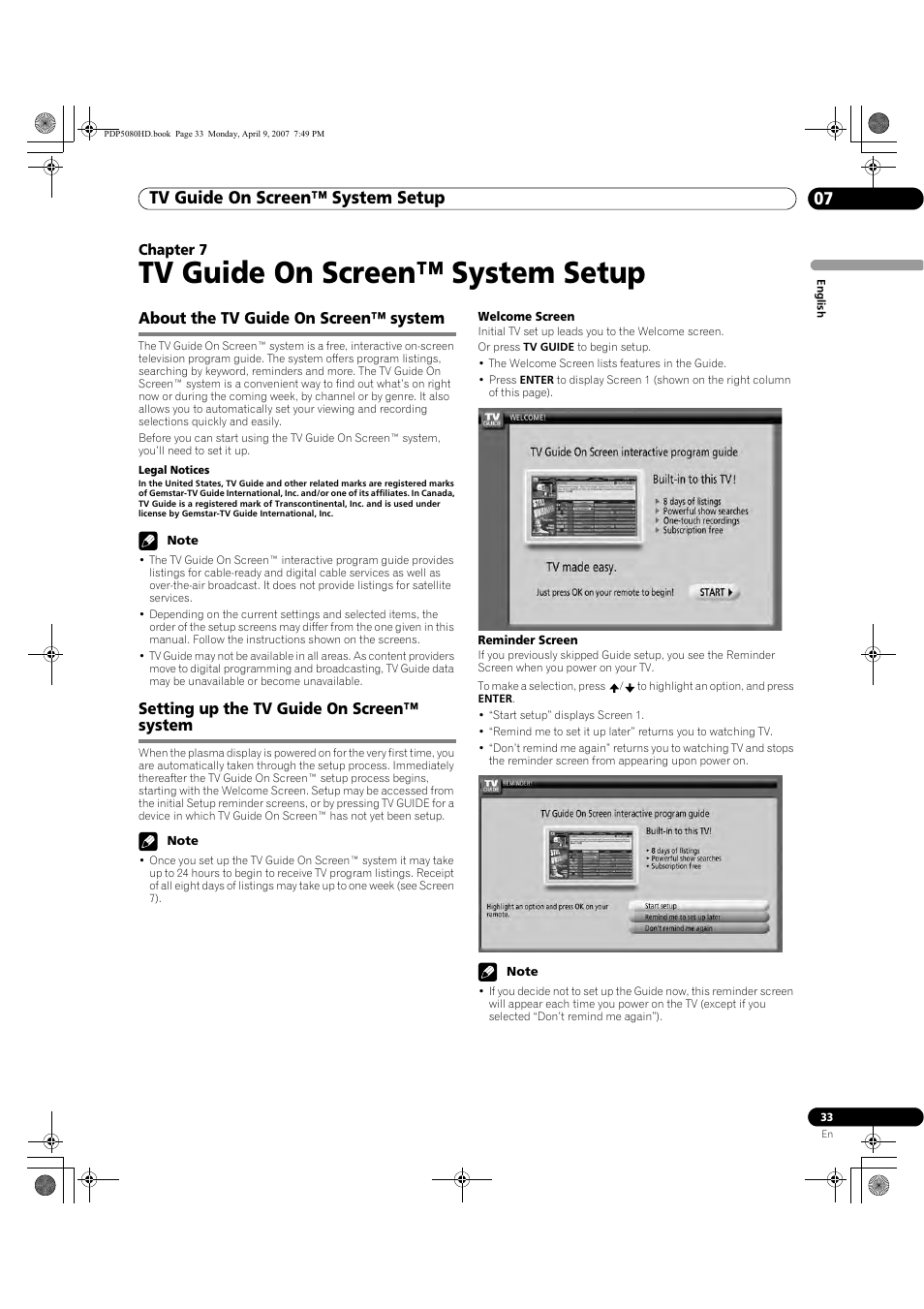 07 tv guide on screen™ system, Setup, Tv guide on screen™ system setup | Tv guide on screen™ system setup 07, About the tv guide on screen™ system, Setting up the tv guide on screen™ system | Pioneer PDP-5080HD User Manual | Page 33 / 285
