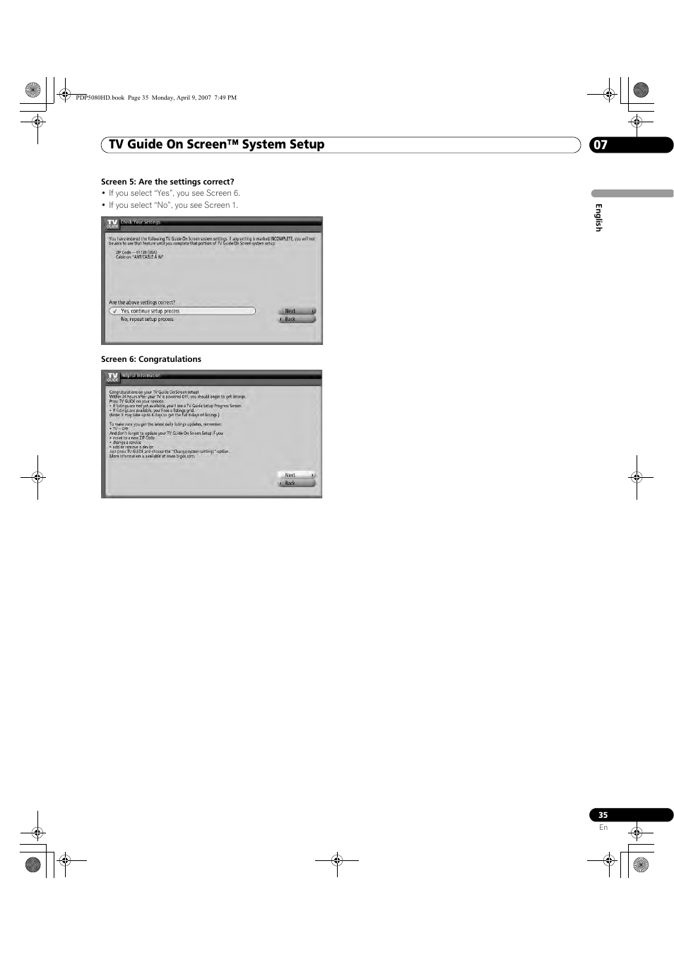 Tv guide on screen™ system setup 07 | Pioneer PDP-5080HD User Manual | Page 35 / 285