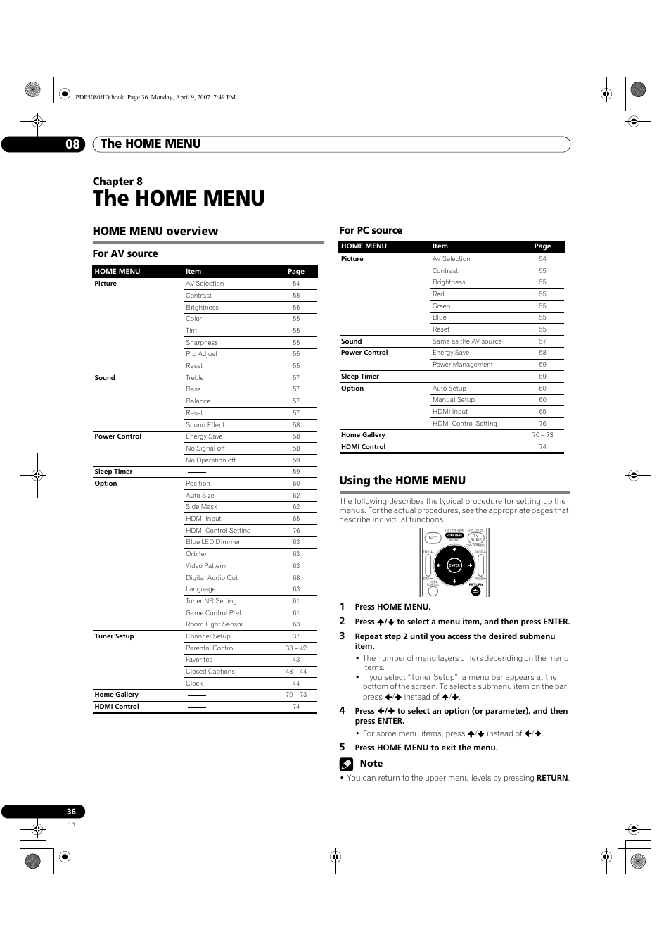 08 the home menu, Home menu overview using the home menu, The home menu | The home menu 08, Home menu overview, Using the home menu, Chapter 8, For av source for pc source | Pioneer PDP-5080HD User Manual | Page 36 / 285