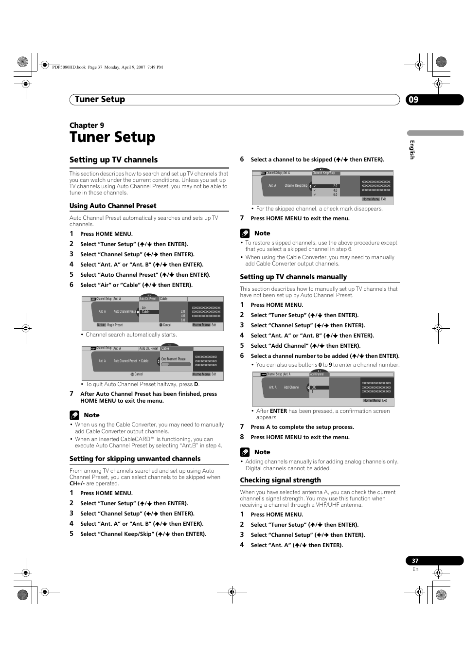 09 tuner setup, Setting up tv channels, Tuner setup | Tuner setup 09, Chapter 9 | Pioneer PDP-5080HD User Manual | Page 37 / 285