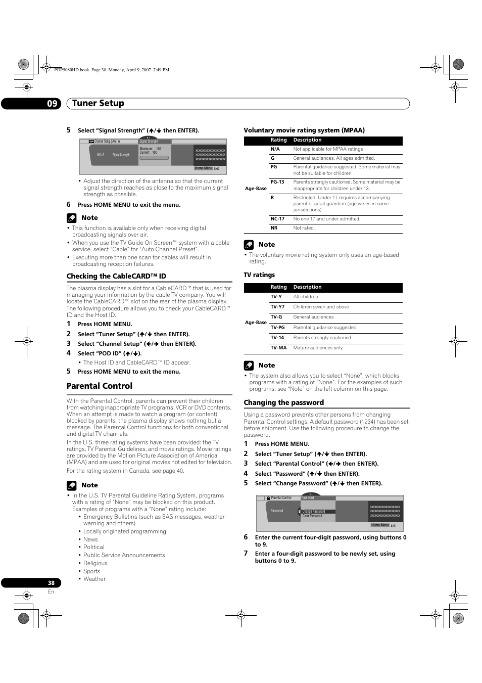 Checking the cablecard™ id, Parental control, Changing the password | Tuner setup 09 | Pioneer PDP-5080HD User Manual | Page 38 / 285