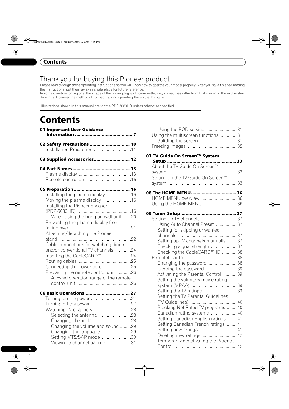 Pioneer PDP-5080HD User Manual | Page 4 / 285