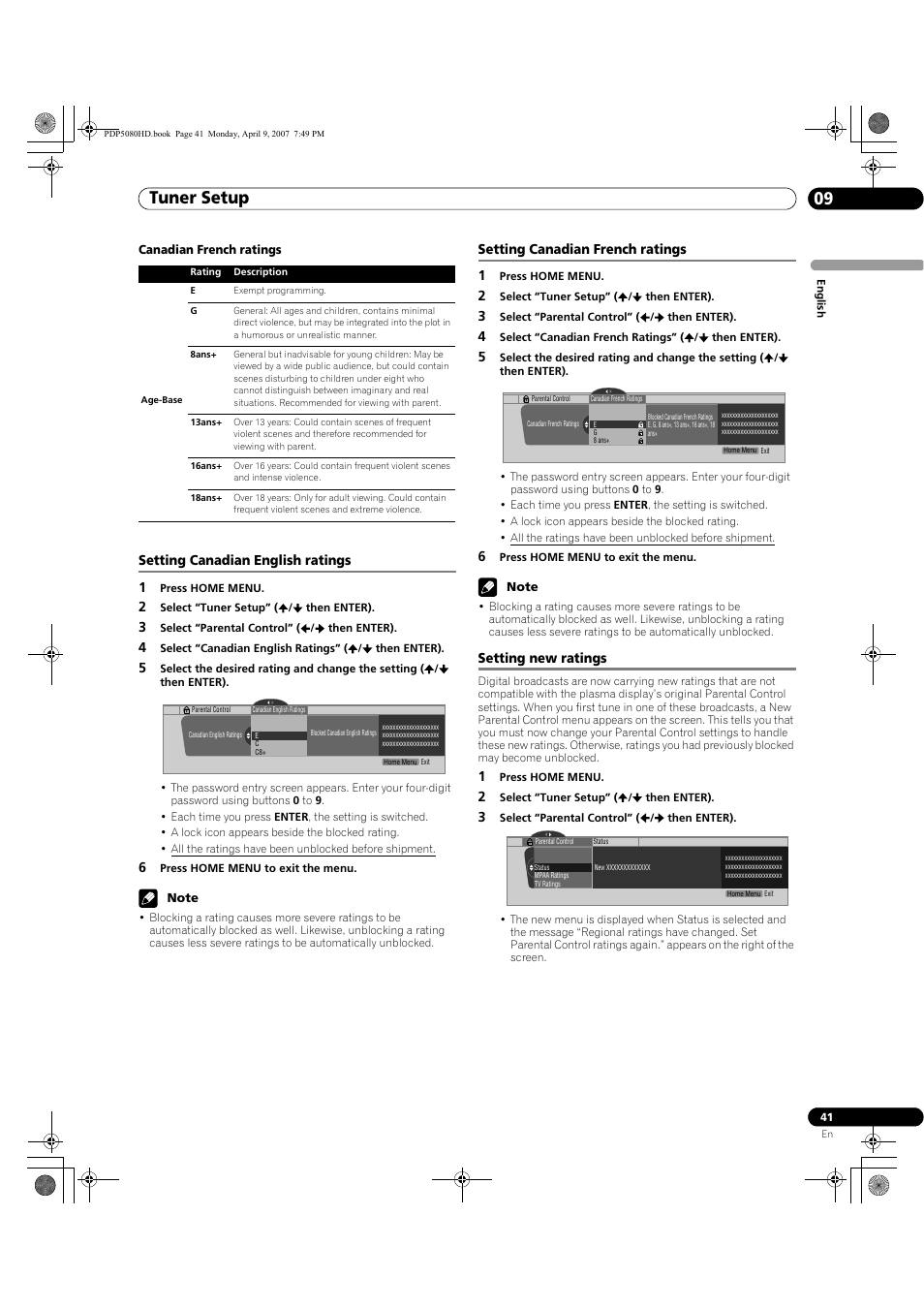 Tuner setup 09, Setting canadian english ratings 1, Setting canadian french ratings 1 | Setting new ratings | Pioneer PDP-5080HD User Manual | Page 41 / 285