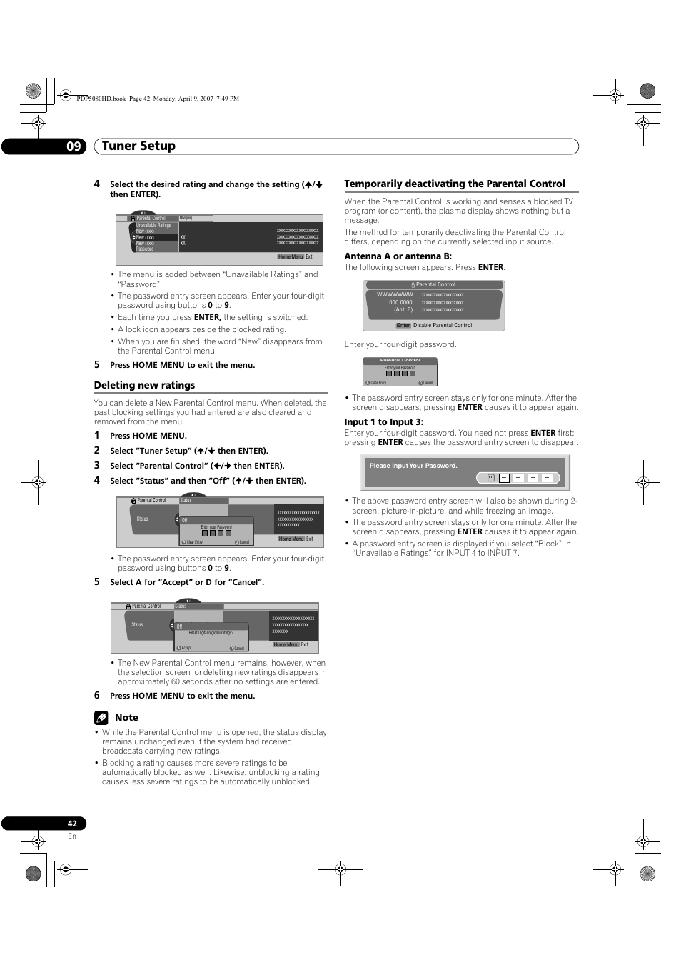 Tuner setup 09, Deleting new ratings, Temporarily deactivating the parental control | Antenna a or antenna b, Input 1 to input 3 | Pioneer PDP-5080HD User Manual | Page 42 / 285