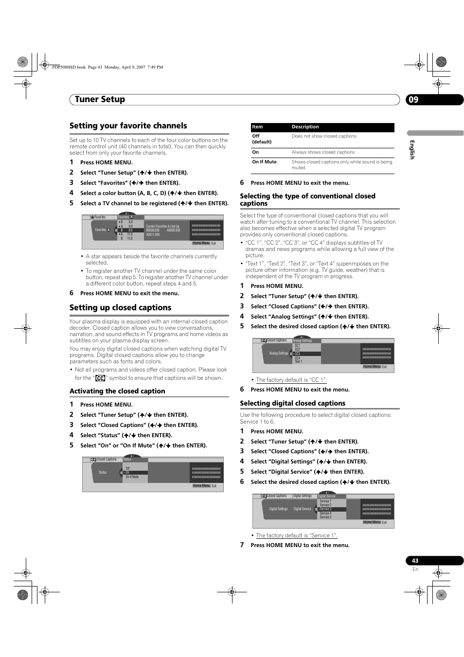 Tuner setup 09, Setting your favorite channels, Setting up closed captions | Activating the closed caption 1, Selecting the type of conventional closed captions, Selecting digital closed captions | Pioneer PDP-5080HD User Manual | Page 43 / 285