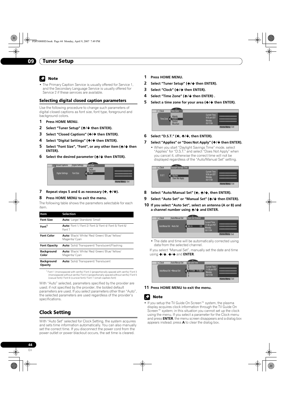 Selecting digital closed caption parameters, Clock setting, Tuner setup 09 | Pioneer PDP-5080HD User Manual | Page 44 / 285