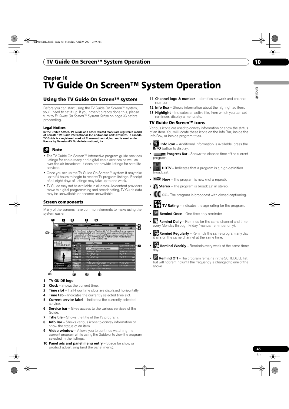 10 tv guide on screen™ system, Operation, Using the tv guide on screen™ system | Screen components, Tv guide on screen™ system operation, Tv guide on screen™ system operation 10, Chapter 10 | Pioneer PDP-5080HD User Manual | Page 45 / 285
