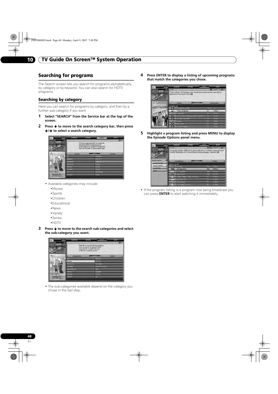 Searching for programs, Searching by category, Tv guide on screen™ system operation 10 | Pioneer PDP-5080HD User Manual | Page 48 / 285
