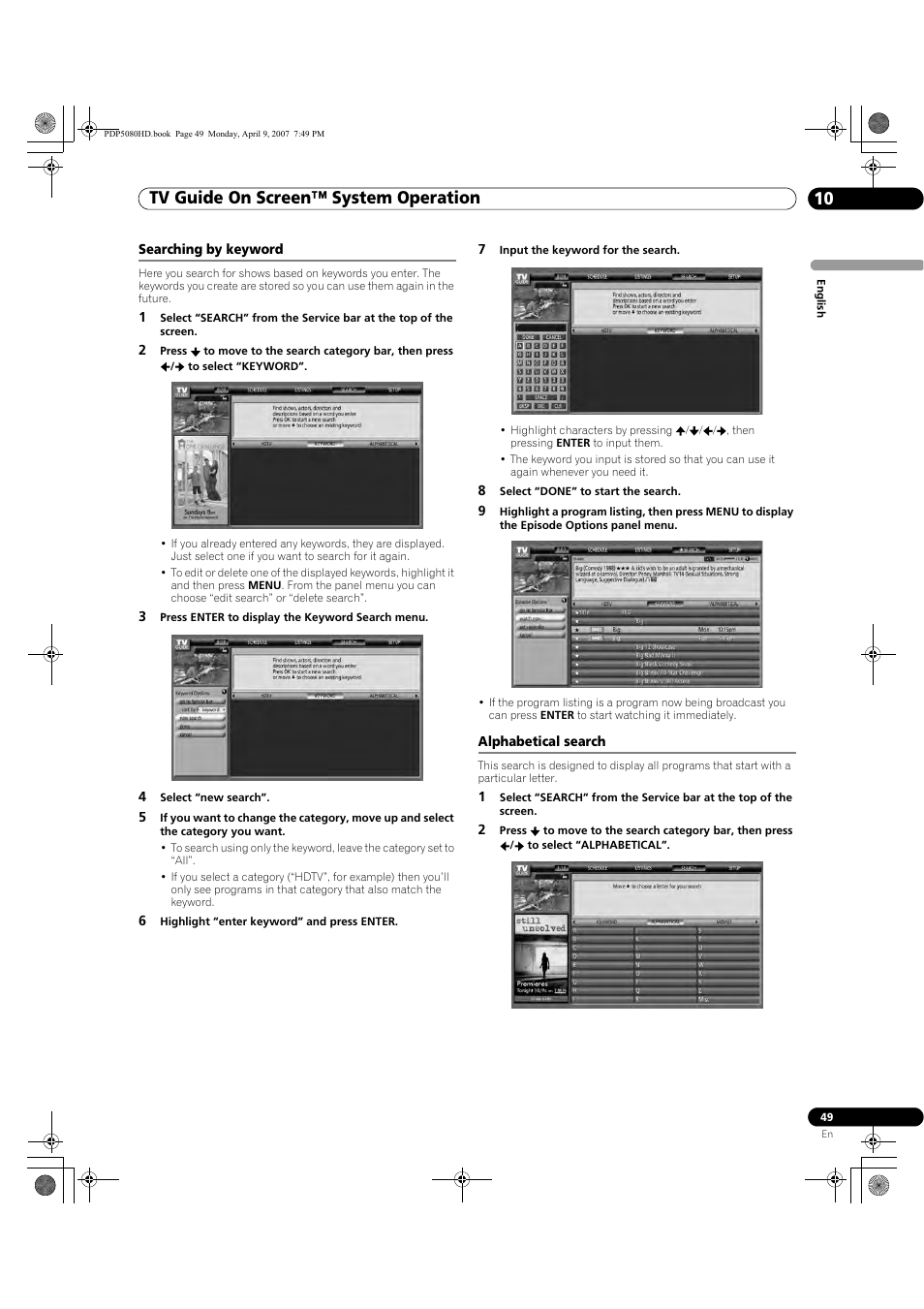 Searching by keyword alphabetical search, Tv guide on screen™ system operation 10 | Pioneer PDP-5080HD User Manual | Page 49 / 285